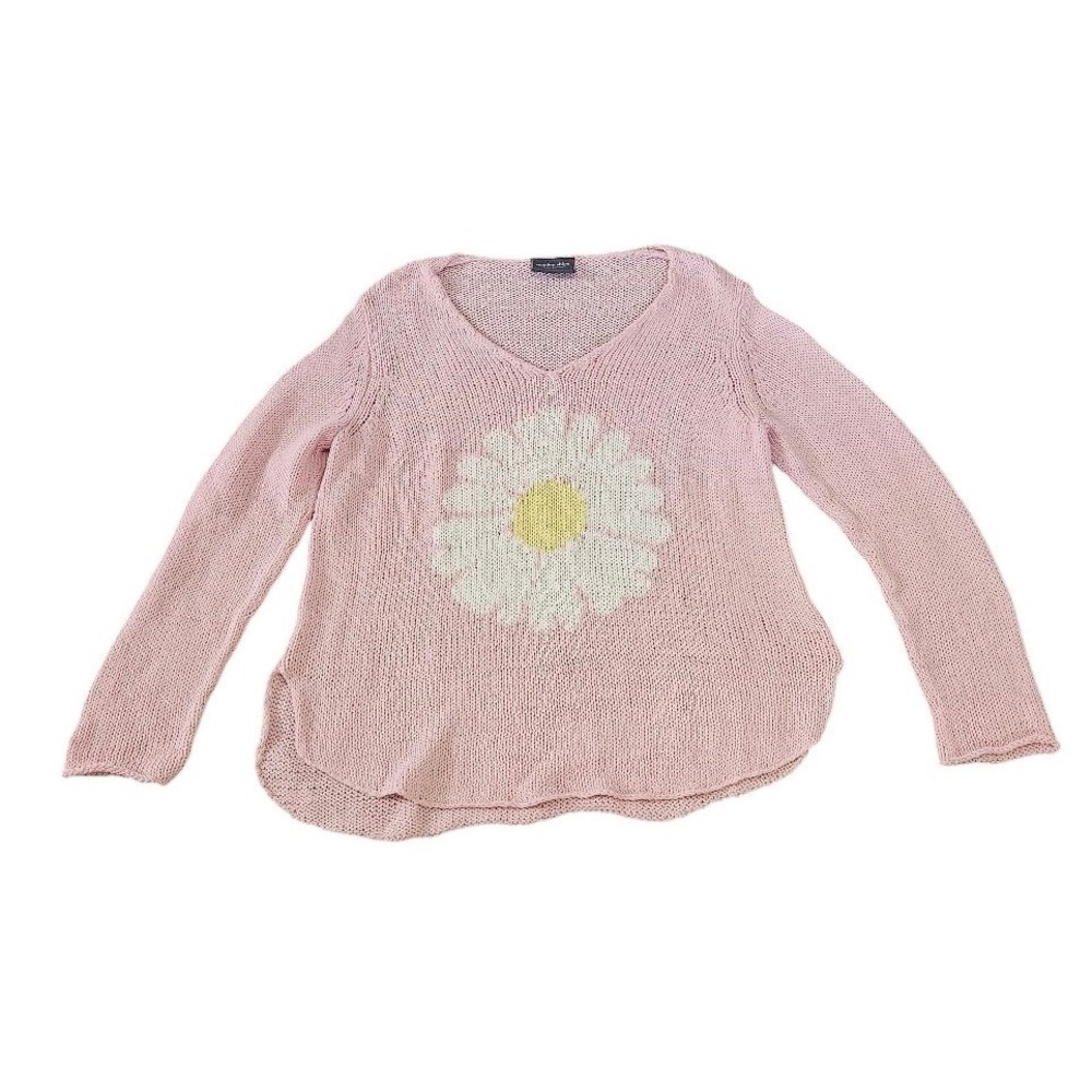Wooden Ships Pink Daisy Knit V-Neck Sweater Small Medium Boho Flower Pullover
